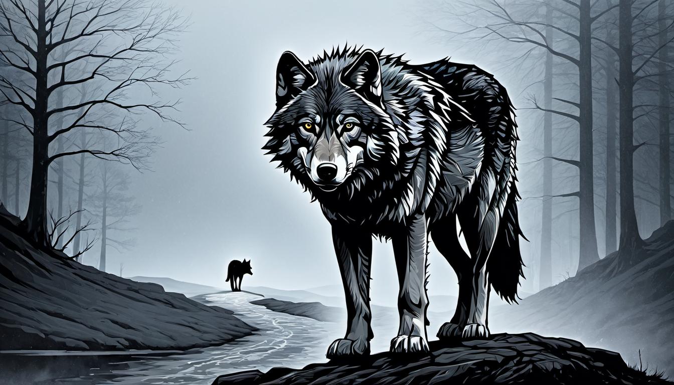  （surrealism)A lone wolf standing at a crossroads, paths extending in different directions, holding a steady gaze, background of an open landscape with distant horizons, decisiveness, indomitable mystic, intricate details, best quality)