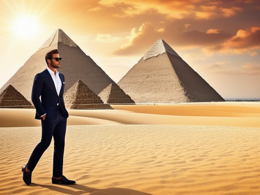  An illustration of the Pyramids of Giza under a beautiful sky, with a radiant beam of light radiating from the largest pyramid, resembling a sunrise. The night sky features swirls reminiscent of Van Gogh's artwork. The image is hyper realistic and captivating, showcasing intricate details of the architectural elements. The person in the foreground is dressed in a sophisticated and elegant outfit, wearing a crisp white shirt, tailored black trousers, and stylish dress shoes. The attire exudes professionalism and complements the majestic surroundings of the pyramids.