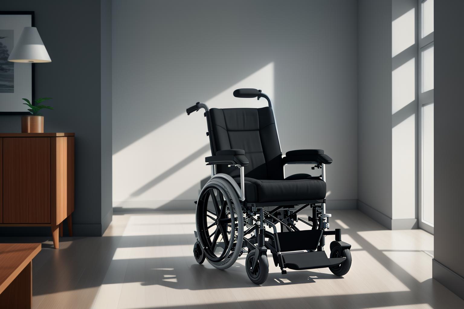  "Closeup of a sleek, modern electric wheelchair with high quality materials and ergonomic design, set against a softly blurred, indoor background of a stylish, contemporary living room. The wheelchair is positioned at an angle to showcase its advanced features, including comfortable cushioning and intuitive controls. The lighting is warm and inviting, highlighting the product's details and craftsmanship. The overall mood is one of comfort, innovation, and accessibility. High resolution, hyper realistic, and detailed, with a professional and polished look to attract potential buyers. No people or text, ensuring the focus remains solely on the electric wheelchair."Ensure no face,leg,hand or eye defomities.Ensure all images are clear, detailed hyperrealistic, full body, detailed clothing, highly detailed, cinematic lighting, stunningly beautiful, intricate, sharp focus, f/1. 8, 85mm, (centered image composition), (professionally color graded), ((bright soft diffused light)), volumetric fog, trending on instagram, trending on tumblr, HDR 4K, 8K