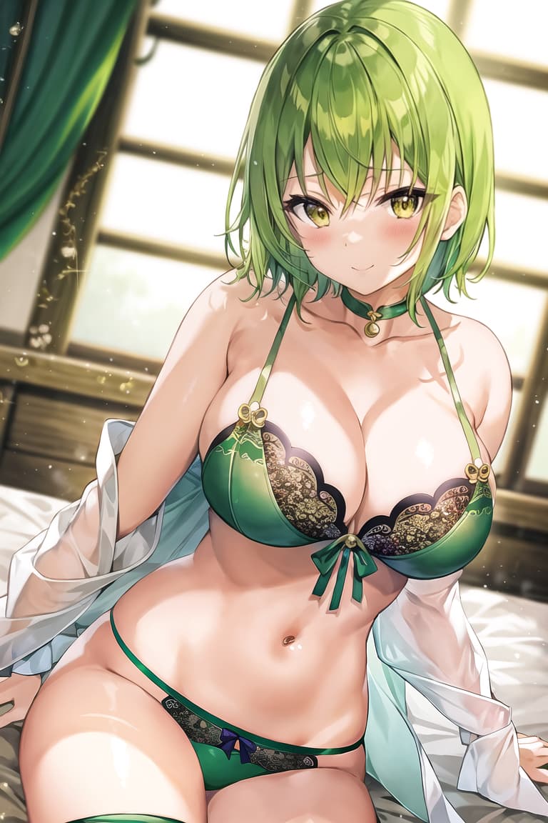  master piece , best quality,green hair、yellow eye、lingerie、垂れ目、巨乳、長身、love、heart、tatoo、luxuary、semi short hair、三つ編み、bedroom、night、adalt