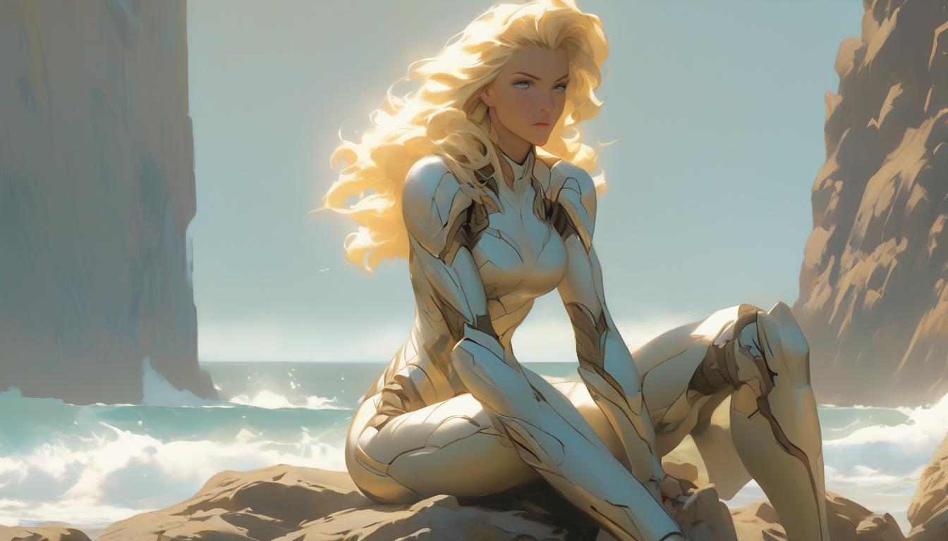  hyperrealism,fantasy aesthetic1woman, large busted attractive blonde arian female humanoid, sitting on a rock by the sea, looking at the horizon, mood of pure contemplation, high tech clothing clad in sleek, futuristic costume with metallic accents and form fitting designs, marvel superhero comics style, unreal engine rendering