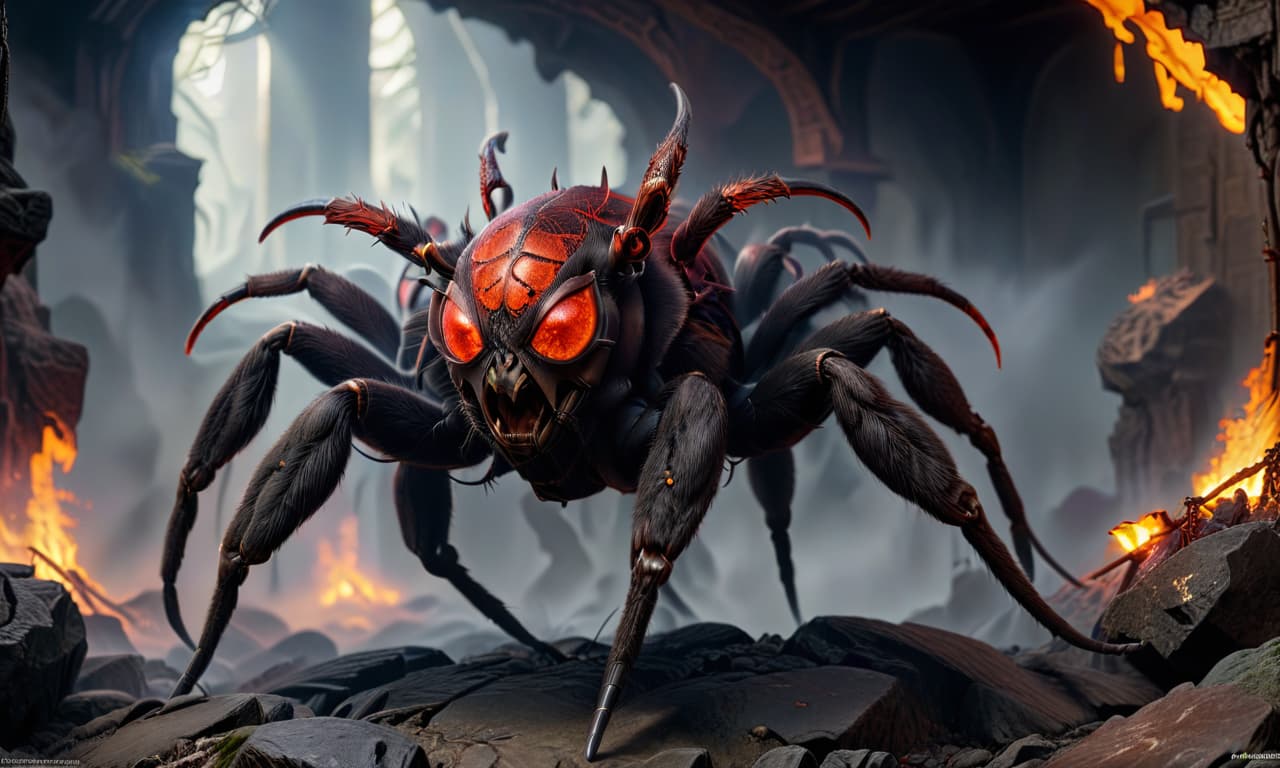  hyperrealistic art Very beautiful young spider , demonic horns on her head, 6 legs, big s, red eyes, anime style, hell is depicted, a dungeon with lava, excellent quality, very detailed 8K . extremely high resolution details, photographic, realism pushed to extreme, fine texture, incredibly lifelike, Civitai hyperrealistic, full body, detailed clothing, highly detailed, cinematic lighting, stunningly beautiful, intricate, sharp focus, f/1. 8, 85mm, (centered image composition), (professionally color graded), ((bright soft diffused light)), volumetric fog, trending on instagram, trending on tumblr, HDR 4K, 8K