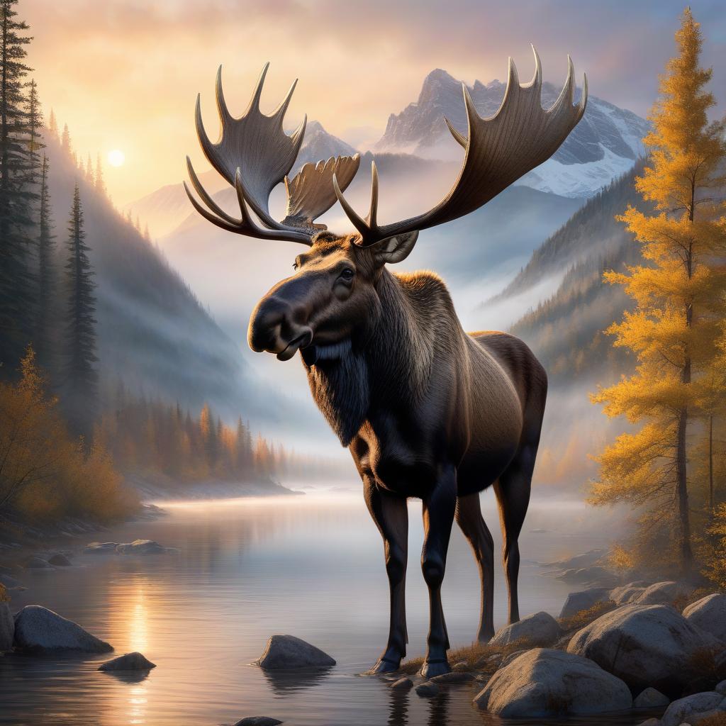  hyperrealistic art A majestic moose stands by a serene river amidst a misty, autumnal forest with a striking mountain backdrop at sunset. . extremely high resolution details, photographic, realism pushed to extreme, fine texture, incredibly lifelike hyperrealistic, full body, detailed clothing, highly detailed, cinematic lighting, stunningly beautiful, intricate, sharp focus, f/1. 8, 85mm, (centered image composition), (professionally color graded), ((bright soft diffused light)), volumetric fog, trending on instagram, trending on tumblr, HDR 4K, 8K