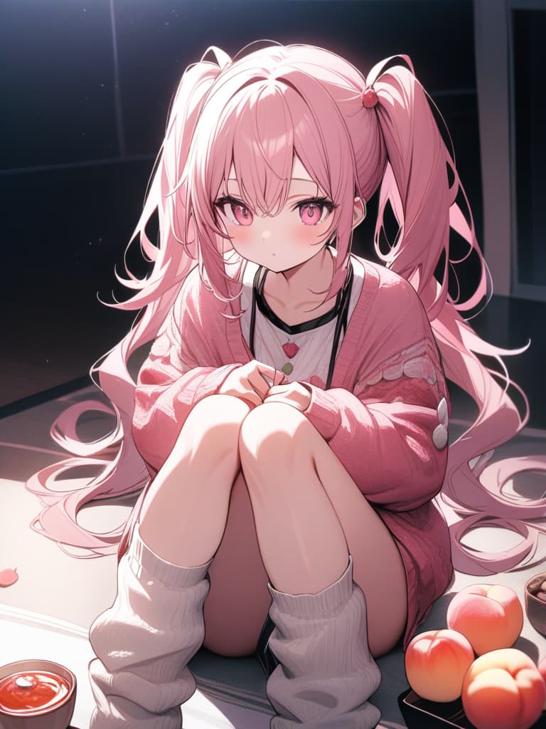  Cute, , thin body, fluffy hair, fluffy long hair, twin tails, pink hair color, pink eyes, big s, cardigan, clothing, loose socks, mini s, sauce, peach decoration, peach, masterpiece, best quality,8k,ultra detailed,high resolution,an extremely delicate and beautiful,hyper detail