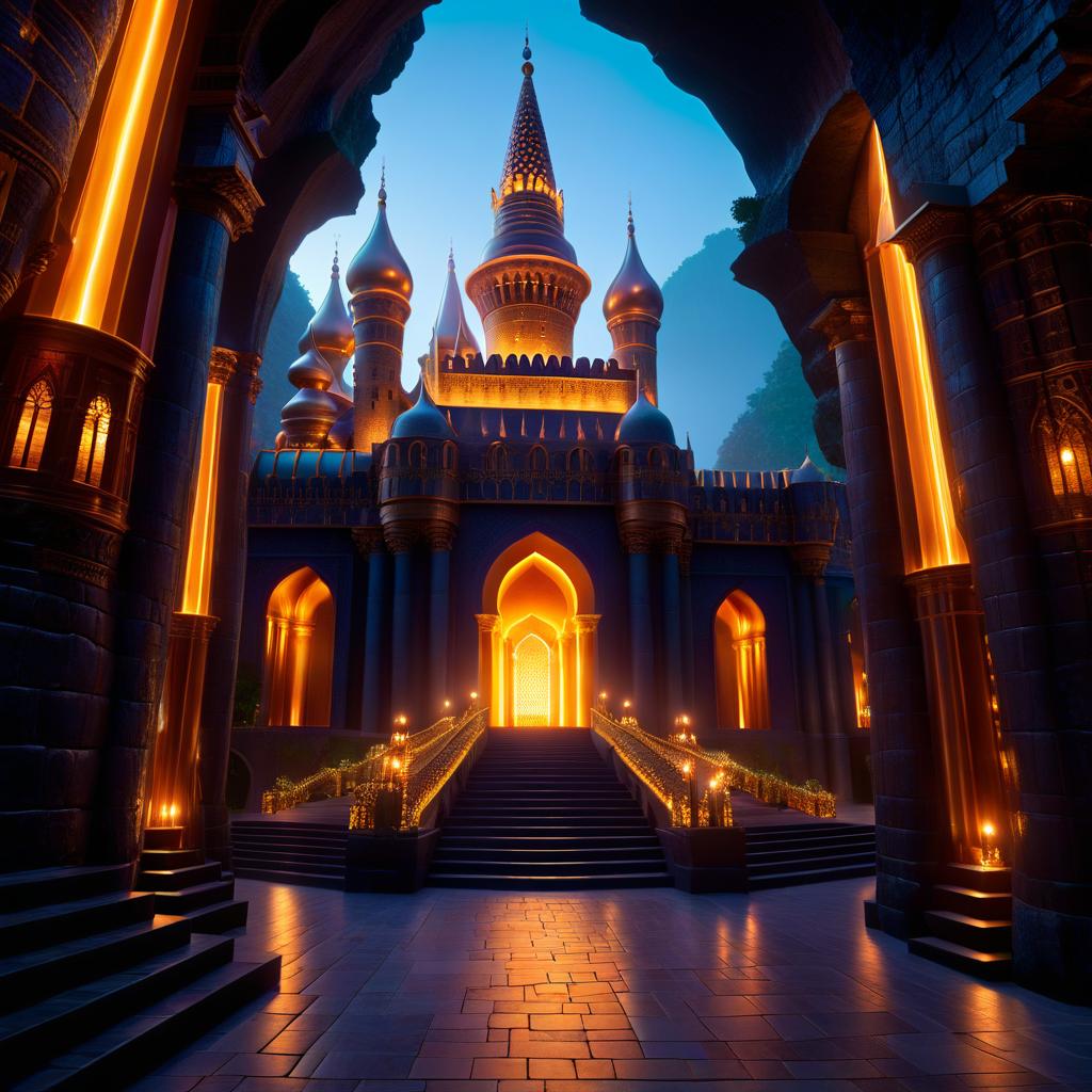  ethereal fantasy concept art of ((The building of the Palace of the Queen of Sheba)). On a square base stood a round four storey tower topped with crenellations. The tower was adorned with arches of blown glass that supported balconies overlooking the city. The railings and walls were studded with sapphires, diamonds and rubies. The golden and silver roofs shone dimly in the bluish sparkles that glittered beneath the vaults of the cave. Translated with DeepL.com (free version) . magnificent, celestial, ethereal, painterly, epic, majestic, magical, fantasy art, cover art, dreamy, hkmagic, GLOWNEON hyperrealistic, full body, detailed clothing, highly detailed, cinematic lighting, stunningly beautiful, intricate, sharp focus, f/1. 8, 85mm, (centered image composition), (professionally color graded), ((bright soft diffused light)), volumetric fog, trending on instagram, trending on tumblr, HDR 4K, 8K