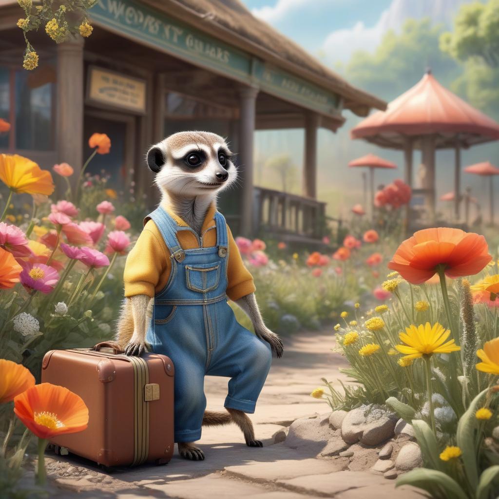  An adorable meerkat in overalls stands with luggage among flowers, with a quaint pavilion backdrop. Adorable little fluffy meerkat wearing cute overall with travel suitcases in a cute bus station stop in the middle of the countryside, some poppies, dandelions,daisy and lilies.Tim Burton style, felting style, dry watercolor, hyper detailed, full of colors, touches of gold colors and shimmer, hyper realism. Extremely detailed very attractive beautiful award winning high definition very cute. hyperrealistic, full body, detailed clothing, highly detailed, cinematic lighting, stunningly beautiful, intricate, sharp focus, f/1. 8, 85mm, (centered image composition), (professionally color graded), ((bright soft diffused light)), volumetric fog, trending on instagram, trending on tumblr, HDR 4K, 8K