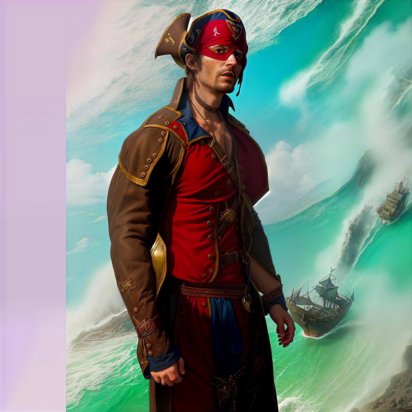  portrait+ Image of a pirate. Pirate themed elements such as an eye patch, a tricorn hat, a parrot on the shoulder, a pirate coat, and a background featuring a pirate ship or a treasure island. A big sea on the background. The final image should be vibrant, very detailed