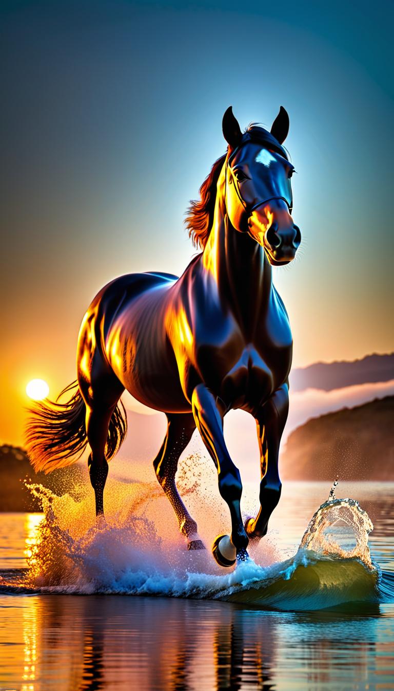  Professional 3D model of A horse. Detailed, beautiful and wonderful. The horse swimming in the water. Its on the evening and a sunrise is there. . Rendered with Octane, the model is highly detailed,dramatic lighting. hyperrealistic, full body, detailed clothing, highly detailed, cinematic lighting, stunningly beautiful, intricate, sharp focus, f/1. 8, 85mm, (centered image composition), (professionally color graded), ((bright soft diffused light)), volumetric fog, trending on instagram, trending on tumblr, HDR 4K, 8K