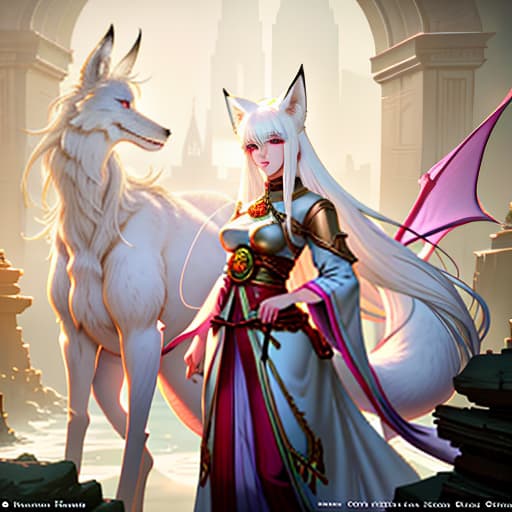  A fox girl with white hair and pink eyes. Child., magic, dragons, elves, castles, by Donato Giancola, Ruan Jia, Kekai Kotaki, Magali Villeneuve, Even Mehl Amundsen hyperrealistic, full body, detailed clothing, highly detailed, cinematic lighting, stunningly beautiful, intricate, sharp focus, f/1. 8, 85mm, (centered image composition), (professionally color graded), ((bright soft diffused light)), volumetric fog, trending on instagram, trending on tumblr, HDR 4K, 8K