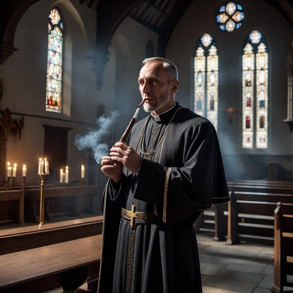  A meth addict priest smoking on his pipe while he’s preaching. The priest is wearing traditional clerical robes but appears disheveled and unhealthy, with sunken eyes and a haunted expression. The background should be of a small, rundown church with simple wooden pews and a neglected altar. The scene should have a dark and gritty atmosphere, with dim lighting casting eerie shadows around the church. hyperrealistic, full body, detailed clothing, highly detailed, cinematic lighting, stunningly beautiful, intricate, sharp focus, f/1. 8, 85mm, (centered image composition), (professionally color graded), ((bright soft diffused light)), volumetric fog, trending on instagram, trending on tumblr, HDR 4K, 8K