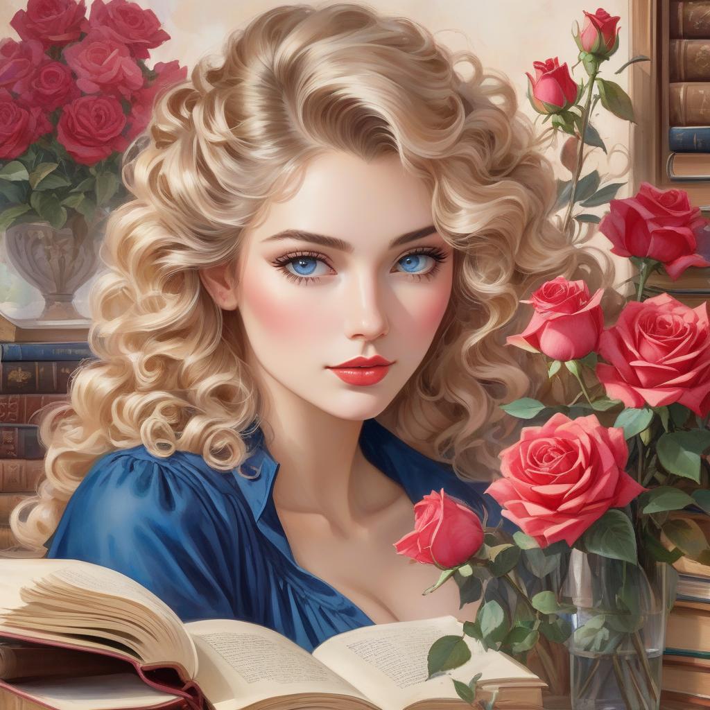  hyperrealistic art A vintage style ilration of a with curly hair writing in a book, surrounded by roses and old books, with a framed portrait nearby. #curlyhair # #ilration #roses #vintage Cozy Cottagecore Victorian Vintage Watercolor , Vintage BEAUTIFUL FACE , CURLY, BLOND, BLUE EYES ADORABLE Lady , Vintage Flowers, Scrapbook, Junk Journal (((,ETSY ART))) in Gouache Style, Watercolor, Museum Epic Impressionist Maximalist Masterpiece, Brush Strokes, Impasto Gouache, layers of gouache watercolors textured on Canvas, 8k Resolution, Matte Painting . extremely high resolution details, photographic, realism pushed to extreme, fine texture, incredibly lifelike hyperrealistic, full body, detailed clothing, highly detailed, cinematic lighting, stunningly beautiful, intricate, sharp focus, f/1. 8, 85mm, (centered image composition), (professionally color graded), ((bright soft diffused light)), volumetric fog, trending on instagram, trending on tumblr, HDR 4K, 8K