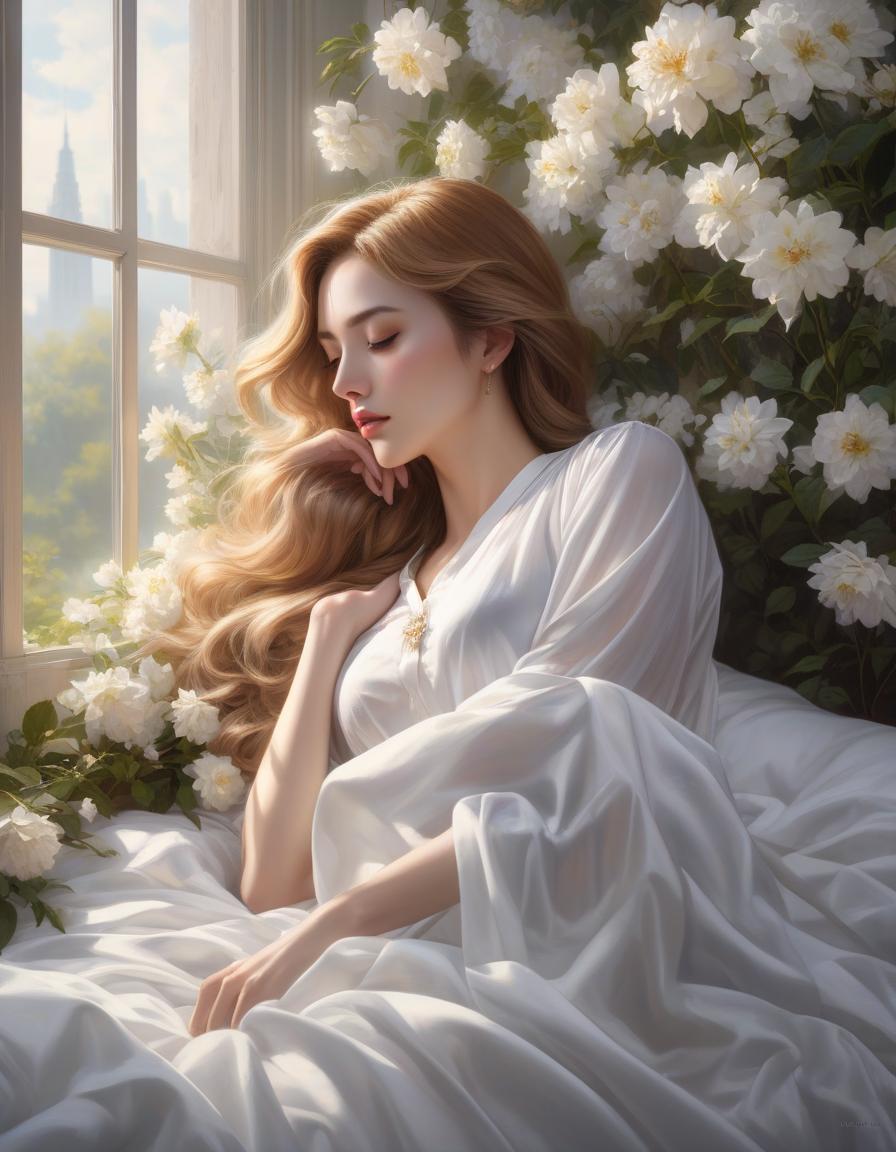  hyperrealistic art A woman is peacefully asleep amid white sheets and blooming flowers, with soft light streaming through a window. a woman laying on top of a bed next to a window, a photorealistic painting, inspired by Magali Villeneuve, trending on Artstation, fantasy art, girl in a bed of flowers, soft pale golden skin, portrait of a woman sleeping, in the early morning, jingna zhang . extremely high resolution details, photographic, realism pushed to extreme, fine texture, incredibly lifelike hyperrealistic, full body, detailed clothing, highly detailed, cinematic lighting, stunningly beautiful, intricate, sharp focus, f/1. 8, 85mm, (centered image composition), (professionally color graded), ((bright soft diffused light)), volumetric fog, trending on instagram, trending on tumblr, HDR 4K, 8K