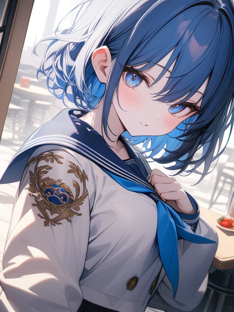  Cute, , blue hair, blue eyes, short bob, thin body, white skin, sauce, , blueberry decoration, sailor suit, , masterpiece, best quality,8k,ultra detailed,high resolution,an extremely delicate and beautiful,hyper detail