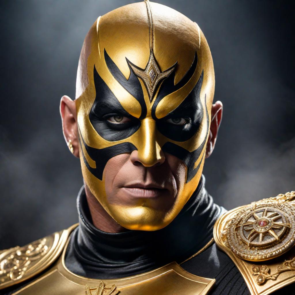  Dustin Rhodes, also known as Goldust, standing confidently. He is showcasing his iconic face paint, which is gold and black, and his unique, elaborate wrestling attire. The image should capture his larger-than-life persona and charismatic presence. Make the background minimal to emphasize the details of his costume and character. hyperrealistic, full body, detailed clothing, highly detailed, cinematic lighting, stunningly beautiful, intricate, sharp focus, f/1. 8, 85mm, (centered image composition), (professionally color graded), ((bright soft diffused light)), volumetric fog, trending on instagram, trending on tumblr, HDR 4K, 8K