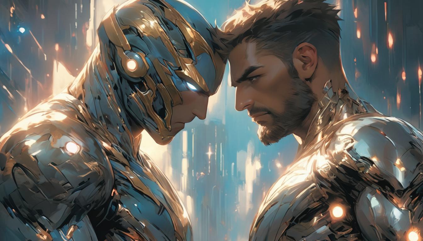  hyperrealism,fantasy aesthetic1woman1man, large busted attractive arian female humanoid and handsome male humanoid, witnessing transformation, awe inspired expressions, celestial backdrop, high tech clothing clad in sleek, futuristic costume with metallic accents and form fitting designs, marvel superhero comics style, unreal engine rendering