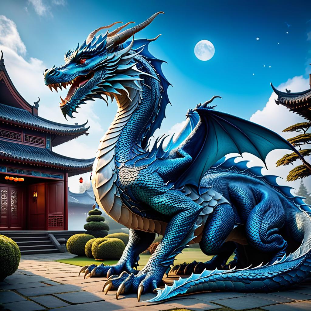  ethereal fantasy concept art of (Background): Blue sky. In the sky is a snow covered island. A Chinese style house with a scaly roof rises in the centre of the island. Chinese lanterns in the shape of snowflakes stand on the lawn. They serve as the base of the house. A large dragon curls around the house. He is its caring guardian. Foreground. (Dragon):appearance: a peacefully slumbering dragon with wings hugging the house. (Colour of scales and wings):blue, flowing into silvery white wings with pale blue scales at the end. Style:fantasy, Chinese doramas, short story. . magnificent, celestial, ethereal, painterly, epic, majestic, magical, fantasy art, cover art, dreamy hyperrealistic, full body, detailed clothing, highly detailed, cinematic lighting, stunningly beautiful, intricate, sharp focus, f/1. 8, 85mm, (centered image composition), (professionally color graded), ((bright soft diffused light)), volumetric fog, trending on instagram, trending on tumblr, HDR 4K, 8K