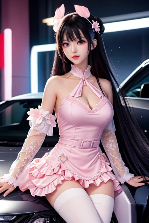  The background is a girl (NSX CA1 white) sitting in a yankee style in front of a car with the door open and the neon lights and headlights on on a night street, smoke and cigarettes, the girl is beautiful with long black hair and a landmine type of make up, she is wearing a frilly pink one piece dress and black boots, 8K, clear anime illustration, hyperrealistic, full body, detailed clothing, highly detailed, cinematic lighting, stunningly beautiful, intricate, sharp focus, f/1. 8, 85mm, (centered image composition), (professionally color graded), ((bright soft diffused light)), volumetric fog, trending on instagram, trending on tumblr, HDR 4K, 8K