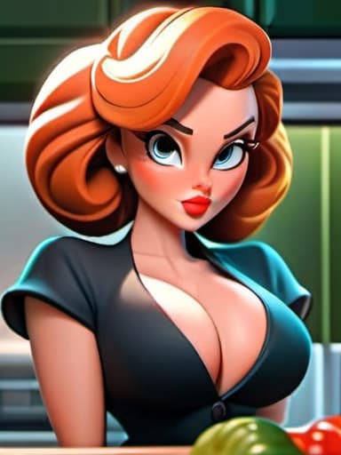  A picture of a beautiful woman with large firm natural tits and a big sexy ass, hair up in a bun , in the kitchen ,hair lightly softly cascading around her face, highly detailed face, highest possible detail, cartoon, masterpiece, best quality