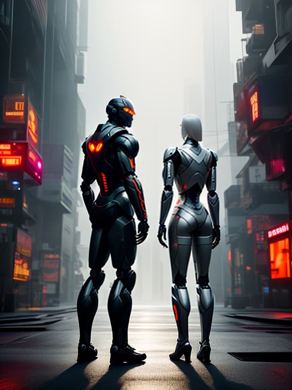  A robot man and a robot woman, resembling humans in gray metallic suits, stand facing each other, illuminated by an orange light, in a cyberpunk style, with a futuristic style, and a dark background. hyperrealistic, full body, detailed clothing, highly detailed, cinematic lighting, stunningly beautiful, intricate, sharp focus, f/1. 8, 85mm, (centered image composition), (professionally color graded), ((bright soft diffused light)), volumetric fog, trending on instagram, trending on tumblr, HDR 4K, 8K