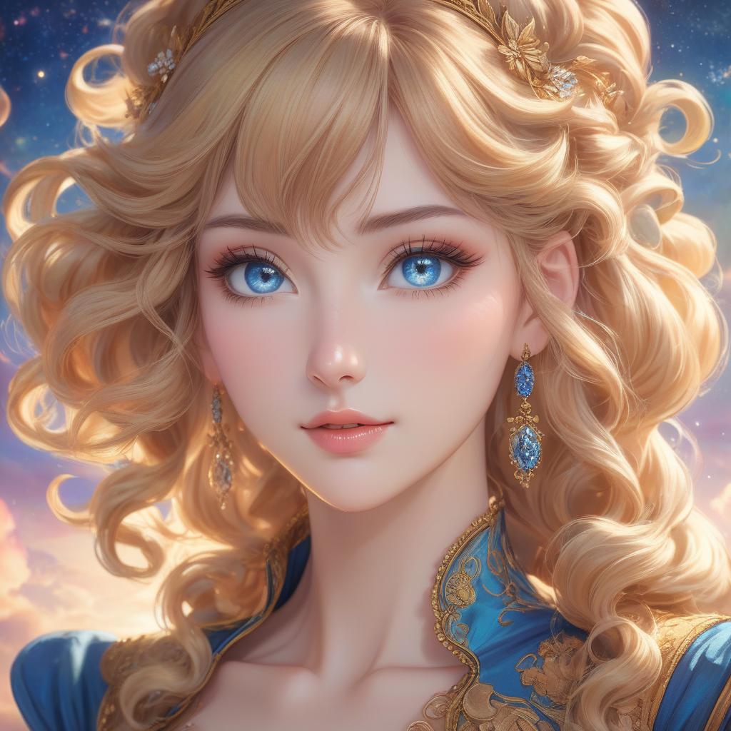  kawaii style A digital portrait of a woman with curly blond hair, blue eyes, and a celestial background. Create a vintage Aquarell im Stil von Josephine Wall, Tomasz Allen Kopera, Dariusz Zawadzki, Andreja Peklar, Ivan Shiskine ,a fantasy style portrait of a young woman with long, wavy ash blond hair, featuring subtle brown highlights. Her complexion is fair with a warm undertone. She has large, round, hazel eyes with visible eyelashes and well groomed, arched eyebrows. Her lips are full with a slight peach tint, accompanying a small, straight nose and a softly contoured face with prominent cheekbones, gently flushed cheeks, and a delicate chin. Modifiers: . cute, adorable, brightly colored, cheerful, anime influence, highly detailed hyperrealistic, full body, detailed clothing, highly detailed, cinematic lighting, stunningly beautiful, intricate, sharp focus, f/1. 8, 85mm, (centered image composition), (professionally color graded), ((bright soft diffused light)), volumetric fog, trending on instagram, trending on tumblr, HDR 4K, 8K