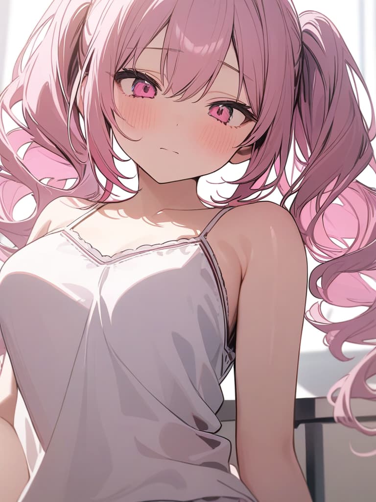  Cute, , thin body, fluffy hair, twin tails, pink eyes, pink eyes, sauce, stomach, , camisole, big s, large s, black, black, shy face, pink, pink Hair, fluffy long hair, masterpiece, best quality,8k,ultra detailed,high resolution,an extremely delicate and beautiful,hyper detail