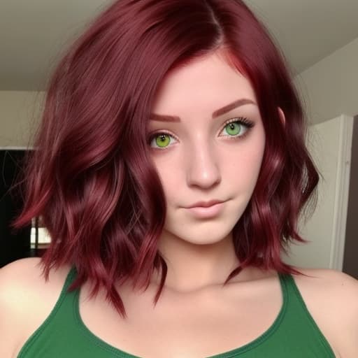  Dyed short dark red hair wavy with green eyes and a nose piercing Funny