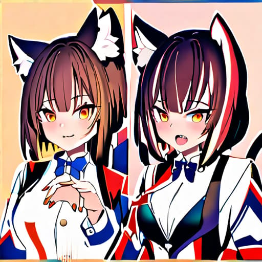  masterpiece, best quality, 1, solo, animal ears, bow, teeth, jacket, tail, open mouth, brown hair, orange background, bowtie, orange nails, simple background, cat ears, orange eyes, blue bow, animal ear fluff, cat tail, looking at viewer, upper body, shirt, uniform, hood, striped bow, pink, pink jacket, blue bowtie, fingernails, long sleeves, cat , bangs, fangs, collared shirt, striped bowtie, short hair, tongue, hoodie, sharp teeth, facial mark, claw pose, crying hyperrealistic, full body, detailed clothing, highly detailed, cinematic lighting, stunningly beautiful, intricate, sharp focus, f/1. 8, 85mm, (centered image composition), (professionally color graded), ((bright soft diffused light)), volumetric fog, trending on instagram, trending on tumblr, HDR 4K, 8K