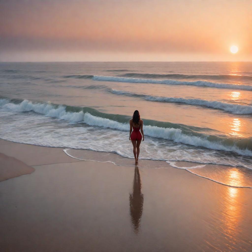  Please generate an image of a person standing on a beach at sunset. hyperrealistic, full body, detailed clothing, highly detailed, cinematic lighting, stunningly beautiful, intricate, sharp focus, f/1. 8, 85mm, (centered image composition), (professionally color graded), ((bright soft diffused light)), volumetric fog, trending on instagram, trending on tumblr, HDR 4K, 8K