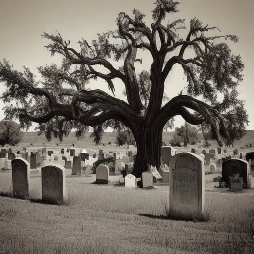  Old west style graveyard with a large dead tree in the background.