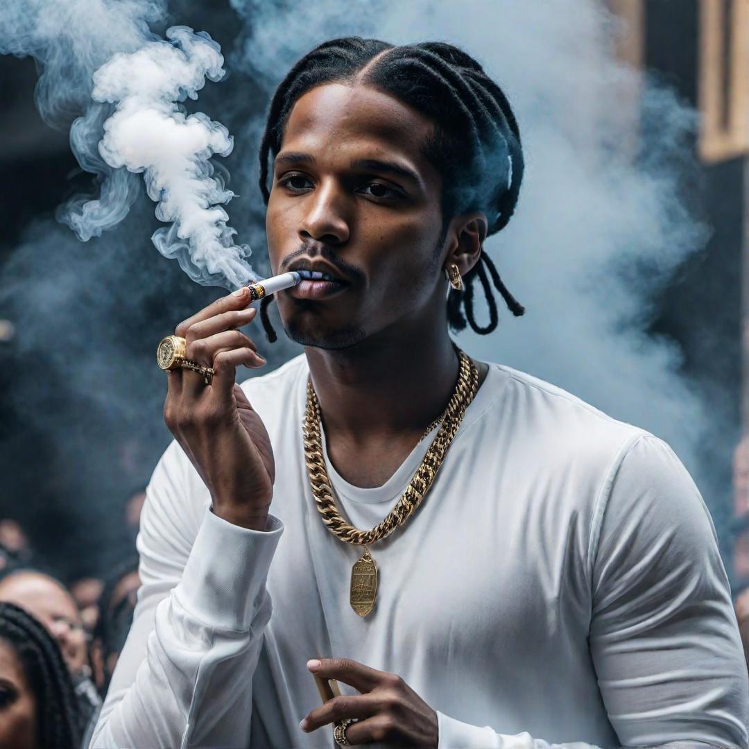  asap rocky smoking a blunt hyperrealistic, full body, detailed clothing, highly detailed, cinematic lighting, stunningly beautiful, intricate, sharp focus, f/1. 8, 85mm, (centered image composition), (professionally color graded), ((bright soft diffused light)), volumetric fog, trending on instagram, trending on tumblr, HDR 4K, 8K