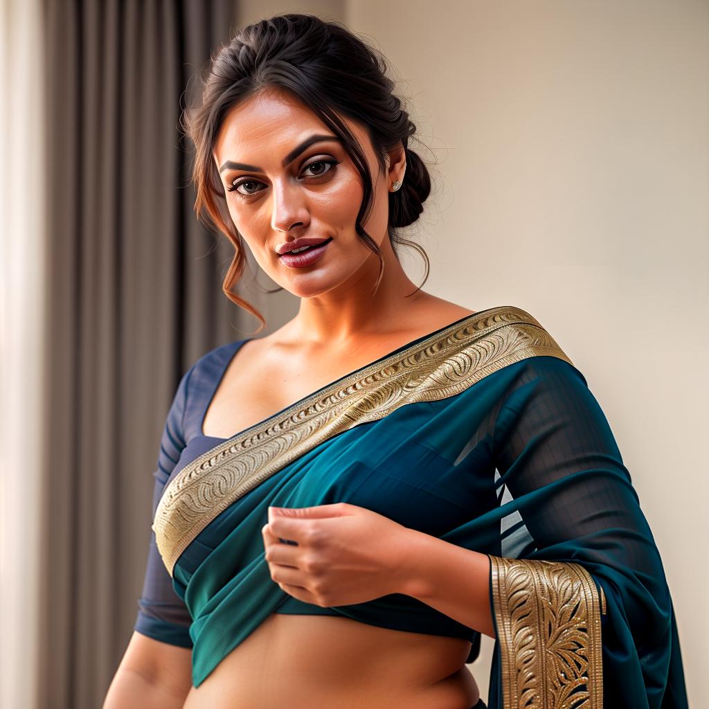  A Chubby woman in saree pallu drapery, Phoebe Tonkin Face, portrait, dimple, Jawline, pimples hyperrealistic, full body, detailed clothing, highly detailed, cinematic lighting, stunningly beautiful, intricate, sharp focus, f/1. 8, 85mm, (centered image composition), (professionally color graded), ((bright soft diffused light)), volumetric fog, trending on instagram, trending on tumblr, HDR 4K, 8K