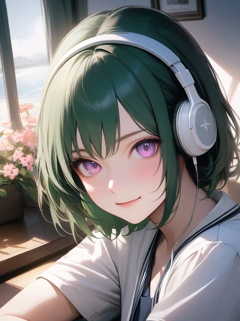  1girl,18yo,green hair,short hair,purple eyes,headphone,summer school uniform,satsuki flower,light smile,realistic, masterpiece, best quality,8k,ultra detailed,high resolution,an extremely delicate and beautiful,hyper detail