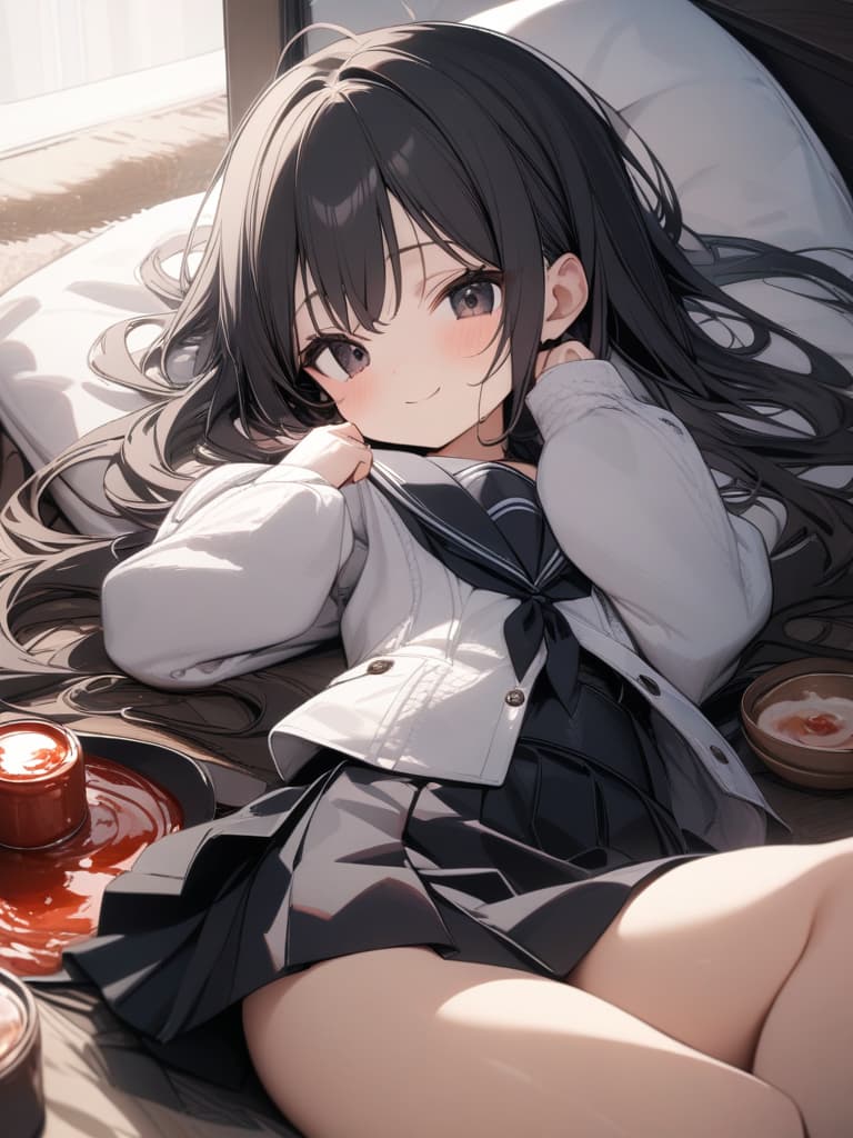  Cute, girl, young face, big eyes, skirts, medium, black clothes, black sailor clothes, shelled, bed, black eyes, sauce, sage, smile, masterpiece, best quality,8k,ultra detailed,high resolution,an extremely delicate and beautiful,hyper detail