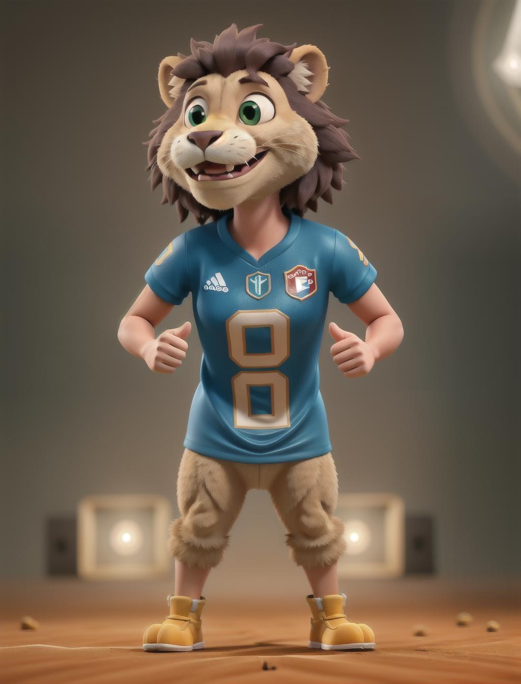  Cartoon Lion wearing a Philippines football jersey with thumbs up hyperrealistic, full body, detailed clothing, highly detailed, cinematic lighting, stunningly beautiful, intricate, sharp focus, f/1. 8, 85mm, (centered image composition), (professionally color graded), ((bright soft diffused light)), volumetric fog, trending on instagram, trending on tumblr, HDR 4K, 8K