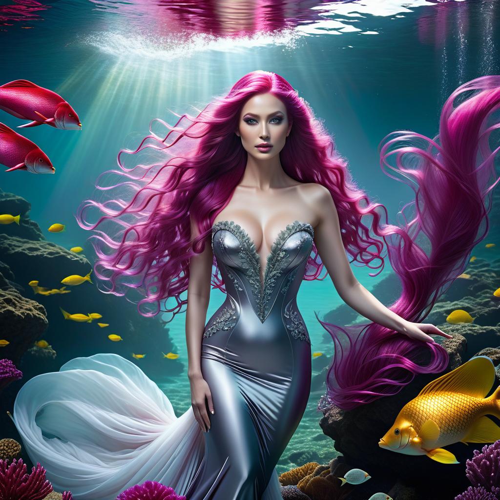  dreamscape The mermaid swims to the surface, white skinned, large gray eyes, iridescent tail, long magenta hair, voluminous dress . surreal, ethereal, dreamy, mysterious, fantasy, highly detailed, oil painting, hkmagic hyperrealistic, full body, detailed clothing, highly detailed, cinematic lighting, stunningly beautiful, intricate, sharp focus, f/1. 8, 85mm, (centered image composition), (professionally color graded), ((bright soft diffused light)), volumetric fog, trending on instagram, trending on tumblr, HDR 4K, 8K