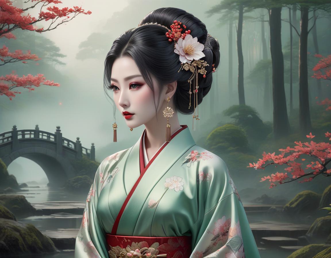  gothic style An illustrated woman in traditional Asian attire with elaborate hairstyle stands before a serene, misty forest landscape with a bridge. Create a digital painting of an ethereal Asian woman with pale skin and delicate facial features, standing amidst a fantastical forest environment. She wears a traditional Japanese kimono in shades of emerald green with floral patterns, accented with crimson and gold borders. Her hair is styled in an elaborate Shimada updo, embellished with intricate hairpins and decorations, including Kanzashi with flowers and dangling ornaments. She glances to her side with almond shaped eyes in a subtle shade, exhibiting softly blushed cheeks and traditional makeup with red accents. The background consists o hyperrealistic, full body, detailed clothing, highly detailed, cinematic lighting, stunningly beautiful, intricate, sharp focus, f/1. 8, 85mm, (centered image composition), (professionally color graded), ((bright soft diffused light)), volumetric fog, trending on instagram, trending on tumblr, HDR 4K, 8K