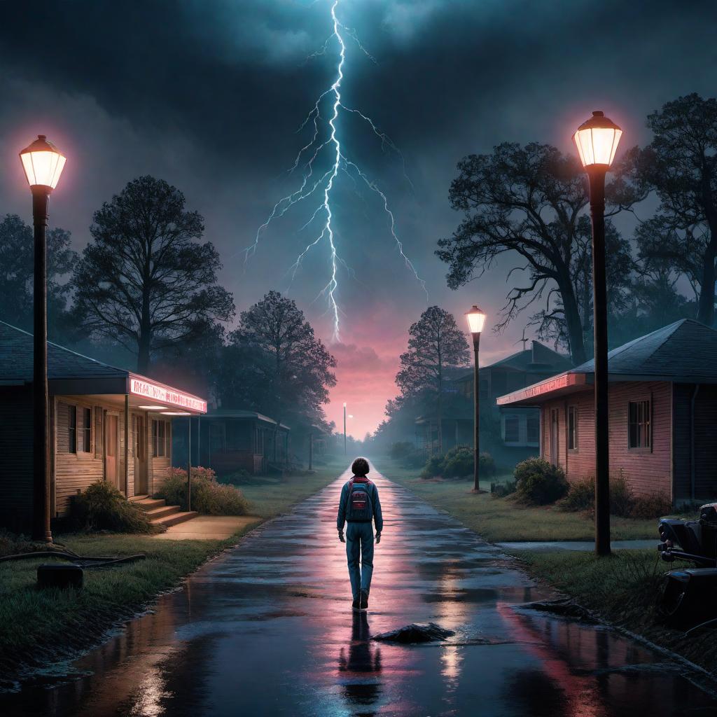  A unique drawing of Stranger Things. Show the eerie small town of Hawkins under a dark, stormy sky. The Upside Down should be mirroring the town below it with its creepy and twisted landscape. The main characters like Eleven, Mike, Dustin, and Lucas in the foreground, looking determined with flashlights and walkie-talkies. In the background, show the Hawkins National Laboratory and the Demogorgon lurking in the shadows. Use a vintage, 80s-inspired color palette and style. hyperrealistic, full body, detailed clothing, highly detailed, cinematic lighting, stunningly beautiful, intricate, sharp focus, f/1. 8, 85mm, (centered image composition), (professionally color graded), ((bright soft diffused light)), volumetric fog, trending on instagram, trending on tumblr, HDR 4K, 8K