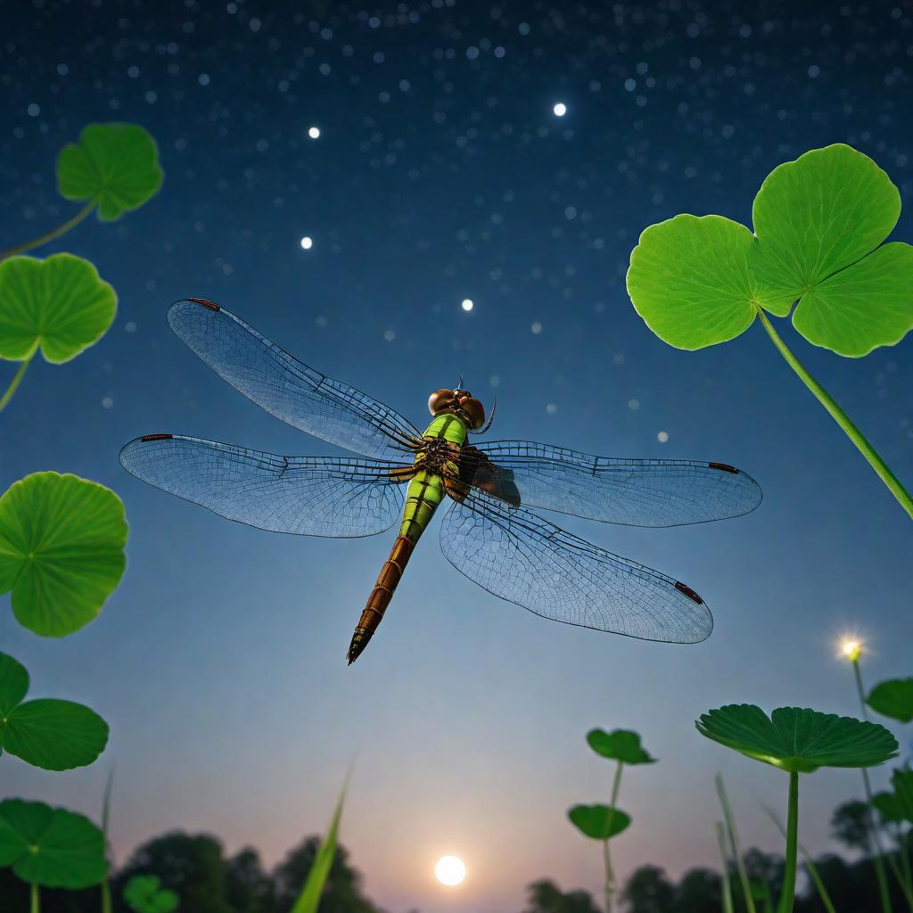  A lower, worm's-eye view looking up at a close-up of a dragonfly flying upwards. The scene is from a four-leaf clover at the edge of a pond, with the dragonfly's reflection visible in the water. The background features a blue night sky with a full moon in view, stars lightly scattered around. The image captures the details of the dragonfly, the four-leaf clover, the pond, and the serene beauty of the night sky. hyperrealistic, full body, detailed clothing, highly detailed, cinematic lighting, stunningly beautiful, intricate, sharp focus, f/1. 8, 85mm, (centered image composition), (professionally color graded), ((bright soft diffused light)), volumetric fog, trending on instagram, trending on tumblr, HDR 4K, 8K