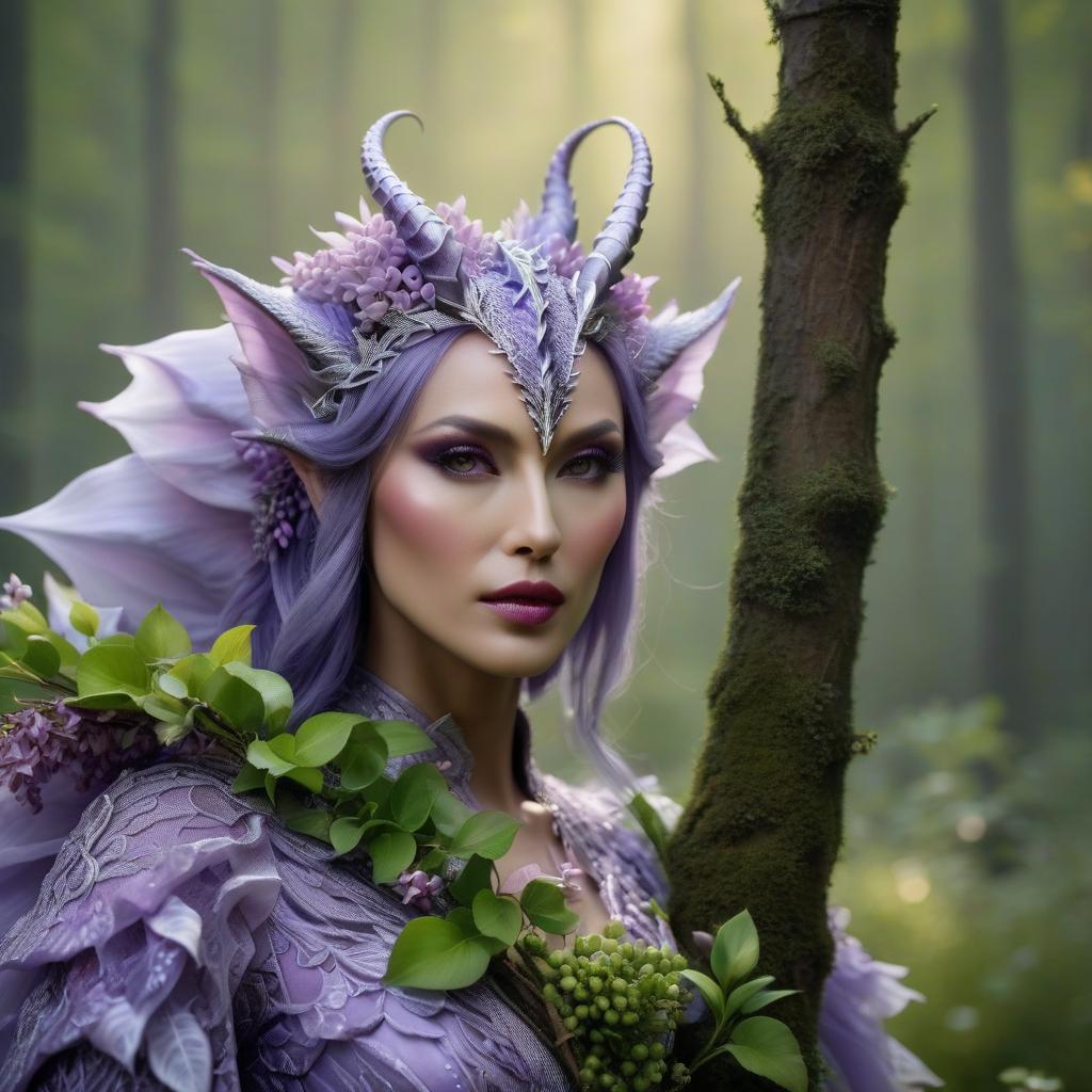  cinematic photo (Masterpiece, acrylic painting: 1.7). lilac dragon , bright colors, lilac, green，Tender lips, Mature and steady，Full and elegant，Elegant and dignified，Staring straight ahead，Beautiful face, Full body photo, fog, forest flowers sprouting from the shadows, thicket, UHD. HDR. . 35mm photograph, film, bokeh, professional, 4k, highly detailed hyperrealistic, full body, detailed clothing, highly detailed, cinematic lighting, stunningly beautiful, intricate, sharp focus, f/1. 8, 85mm, (centered image composition), (professionally color graded), ((bright soft diffused light)), volumetric fog, trending on instagram, trending on tumblr, HDR 4K, 8K