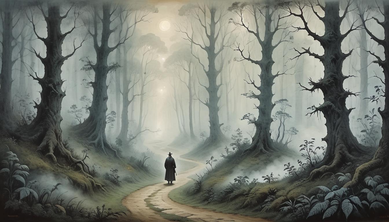  on parchment, surrealism+++, Winding path through dense forest, obscured by mist, lone figure walking, contemplating journey, facing doubts with courage, reflective mood.(mysterious, provocative, symbolic,muted color)+++