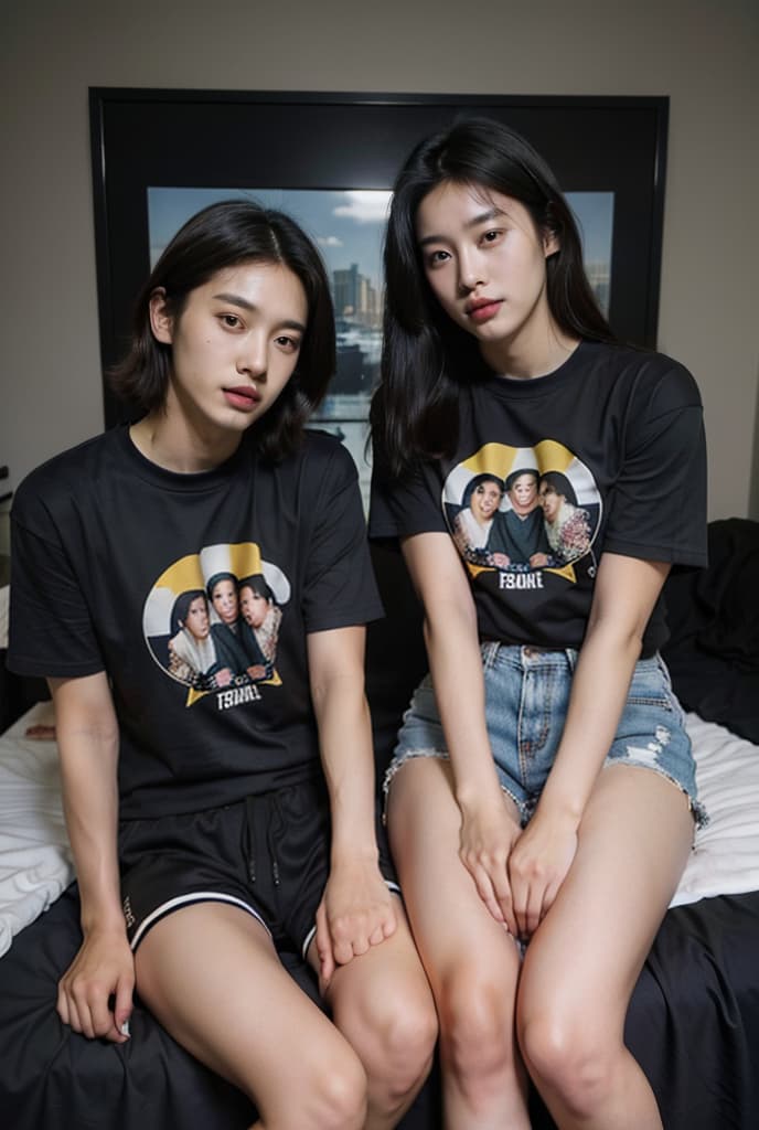  Twin males, Asian, good looking, Kpop idol, dark hair, dark eyes, good figure, in the bedroom, wearing t shirts and shorts, perfect faces, sitting and teasing each other., ADVERTISING PHOTO,high quality, good proportion, masterpiece , The image is captured with an 8k camera