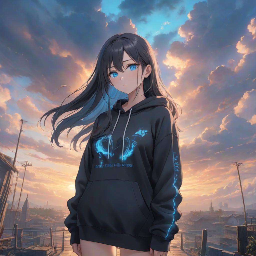  a girl with long hair standing in front of a cloudy sky, inspired by INO, trending on pixiv, auto destructive art, black hoodie techie, glowing blue eyes, official studio anime still, vacation photo hyperrealistic, full body, detailed clothing, highly detailed, cinematic lighting, stunningly beautiful, intricate, sharp focus, f/1. 8, 85mm, (centered image composition), (professionally color graded), ((bright soft diffused light)), volumetric fog, trending on instagram, trending on tumblr, HDR 4K, 8K