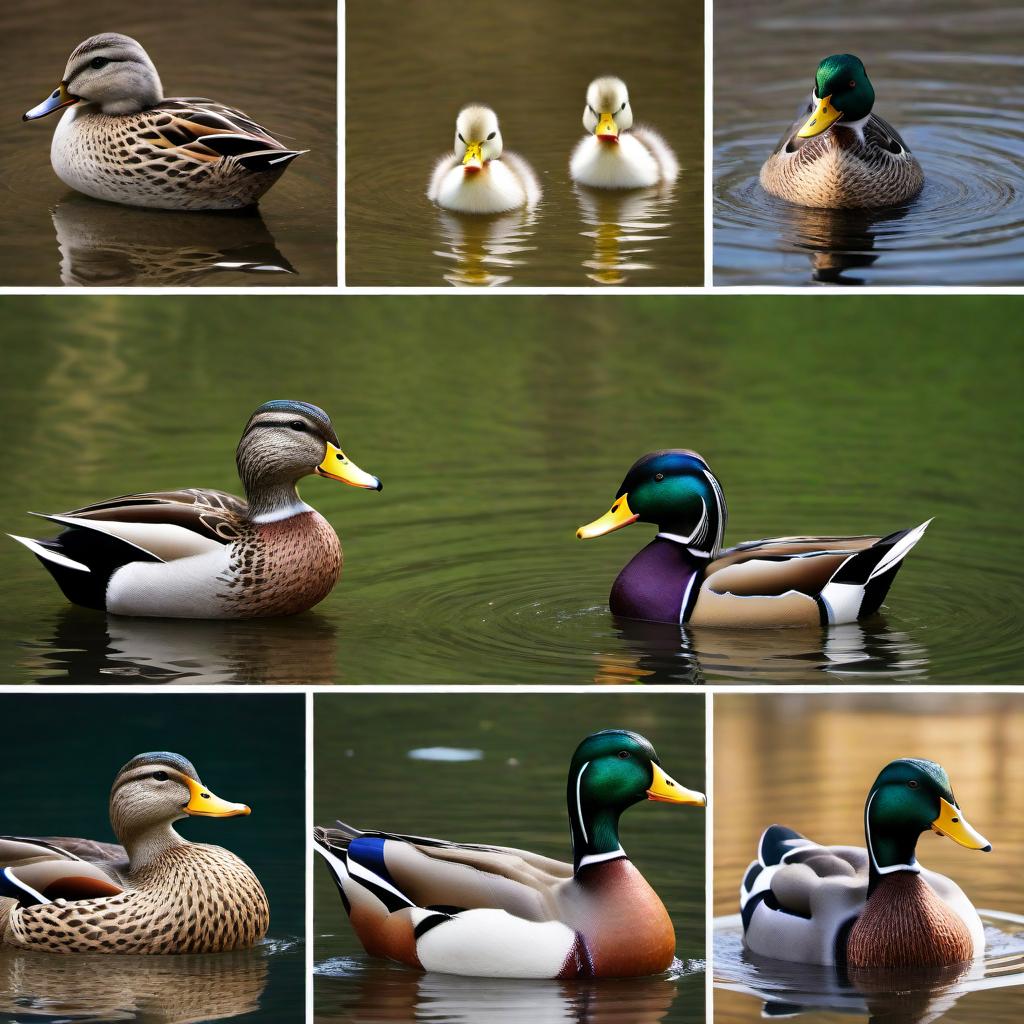  A collage showcasing various aspects of duck life. Include the following scenes: 1. Different species of ducks with unique appearances, 2. Ducks in freshwater lakes, rivers, and marshes, 3. Ducks eating seeds, aquatic plants, insects, and small fish, 4. Ducks migrating in a V-formation across the sky, 5. Male and female ducks making different vocalizations, 6. Ducks with webbed feet swimming, and ducks with waterproof feathers due to a special oil they produce. The collage should be colorful and informative. hyperrealistic, full body, detailed clothing, highly detailed, cinematic lighting, stunningly beautiful, intricate, sharp focus, f/1. 8, 85mm, (centered image composition), (professionally color graded), ((bright soft diffused light)), volumetric fog, trending on instagram, trending on tumblr, HDR 4K, 8K