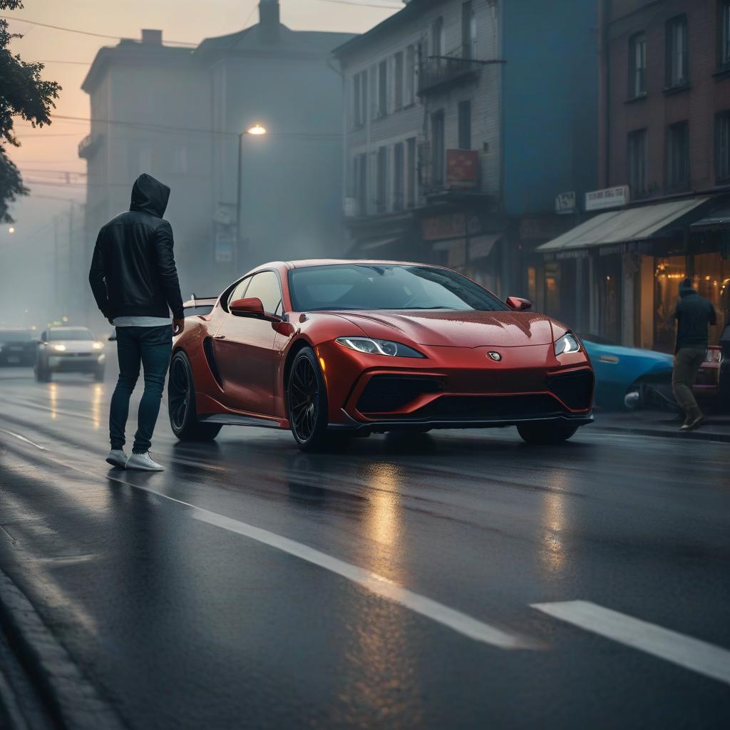  A guy drives a car, looks at how two spots dance on the hood. Evening. hyperrealistic, full body, detailed clothing, highly detailed, cinematic lighting, stunningly beautiful, intricate, sharp focus, f/1. 8, 85mm, (centered image composition), (professionally color graded), ((bright soft diffused light)), volumetric fog, trending on instagram, trending on tumblr, HDR 4K, 8K