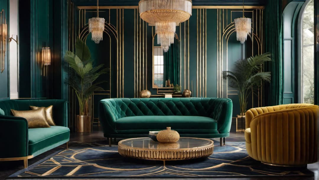  Generate an image of a retro home interior scene inspired by Art Deco glamour. Include luxurious touches such as velvet furniture, geometric patterns, and gold accents. Emphasize the elegance and opulence of the 1920s era. additional guidelines The image should showcase a blend of rich colors like emerald green, sapphire blue, and gold. Add elements like mirrored surfaces, plush rugs, and sleek metallics to enhance the Art Deco aesthetic. hyperrealistic, full body, detailed clothing, highly detailed, cinematic lighting, stunningly beautiful, intricate, sharp focus, f/1. 8, 85mm, (centered image composition), (professionally color graded), ((bright soft diffused light)), volumetric fog, trending on instagram, trending on tumblr, HDR 4K, 8K