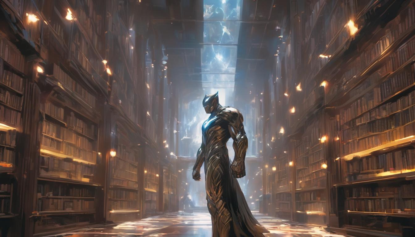  hyperrealism,fantasy aestheticFigure standing in a library, shelves of knowledge, engaged crowd, light emanating from books, inspiring, wise, influential, high tech clothing clad in sleek, futuristic costume with metallic accents and form fitting designs, marvel superhero comics style, unreal engine rendering