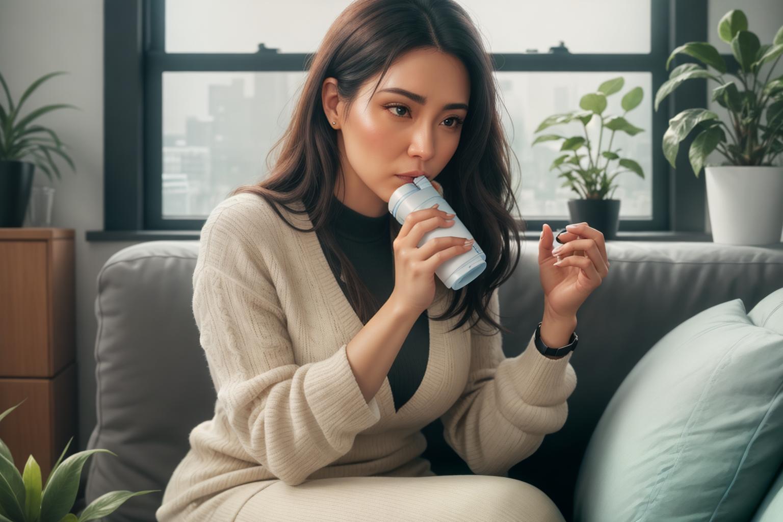  Realistic close up of a young woman (female) in her late 20s, sitting on a cozy living room couch, holding an inhaler to her mouth. Her expression shows mild discomfort, indicating an asthma cough. The background is a softly lit, tidy living room with a few plants and a window letting in natural light, creating a calm atmosphere. The focus is on the woman and the inhaler, with a shallow depth of field to blur the background slightly. The image is detailed, capturing the texture of the inhaler and the woman's facial features clearly, conveying a realistic and relatable scene. Ensure no face,leg,hand or eye defomities.Ensure all images are clear, detailed, contains no text and no deformities. realistic, highly detailed, photorealistic, cinema hyperrealistic, full body, detailed clothing, highly detailed, cinematic lighting, stunningly beautiful, intricate, sharp focus, f/1. 8, 85mm, (centered image composition), (professionally color graded), ((bright soft diffused light)), volumetric fog, trending on instagram, trending on tumblr, HDR 4K, 8K