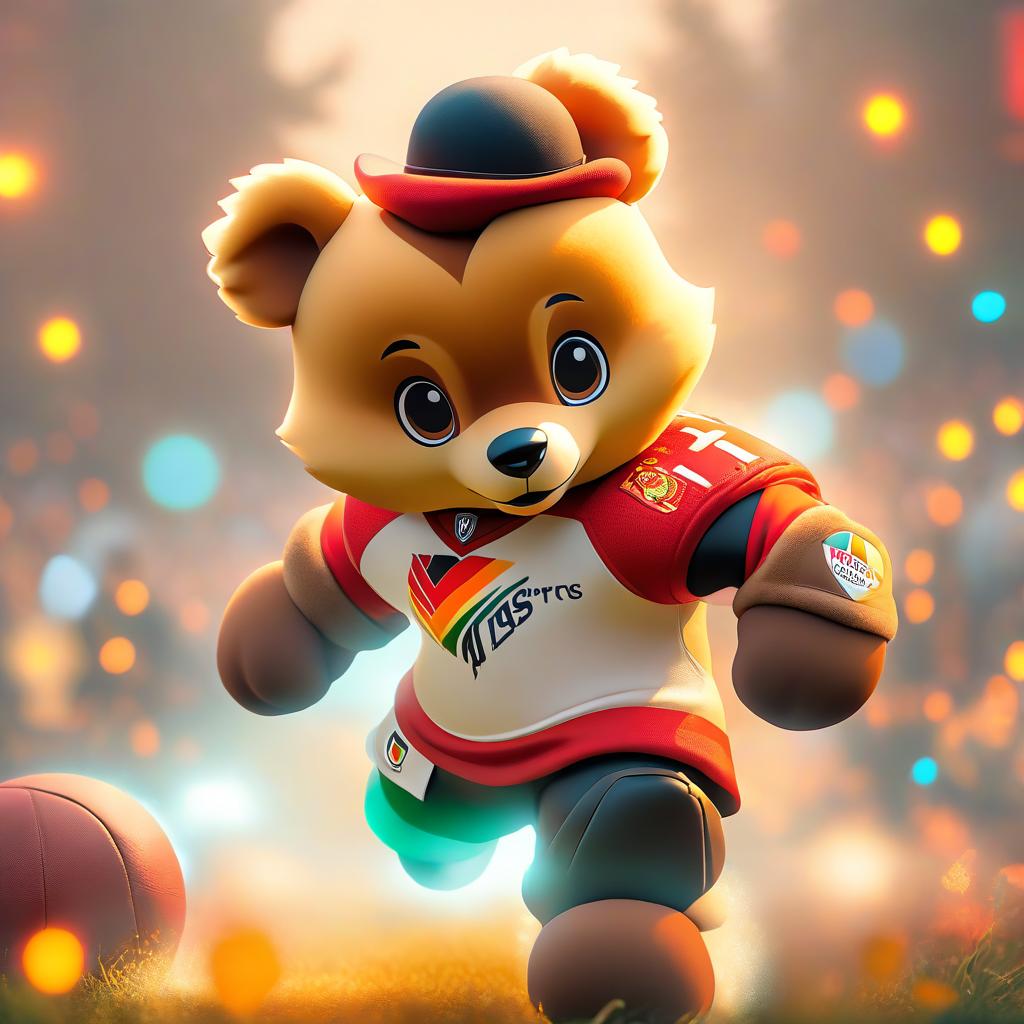  ethereal fantasy concept art of (Mascot):teddy bear, soft toy, football, game, mascot. (Appearance):dressed in a football uniform in the colours of the German national flag. In his paws holds a football. (Style:fantasy, cartoon) . magnificent, celestial, ethereal, painterly, epic, majestic, magical, fantasy art, cover art, dreamy, hkmagic hyperrealistic, full body, detailed clothing, highly detailed, cinematic lighting, stunningly beautiful, intricate, sharp focus, f/1. 8, 85mm, (centered image composition), (professionally color graded), ((bright soft diffused light)), volumetric fog, trending on instagram, trending on tumblr, HDR 4K, 8K