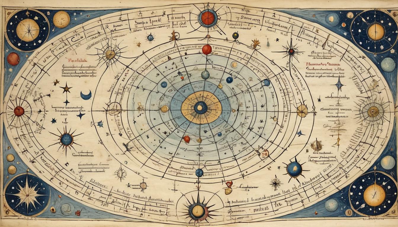  on parchment, surrealism+++, A celestial chart with constellations, interconnected nodes linked by starlit paths, intricate, cosmological, profound, resembling a cosmic spiderweb, timeless, mystical(mysterious, provocative, symbolic,muted color)+++