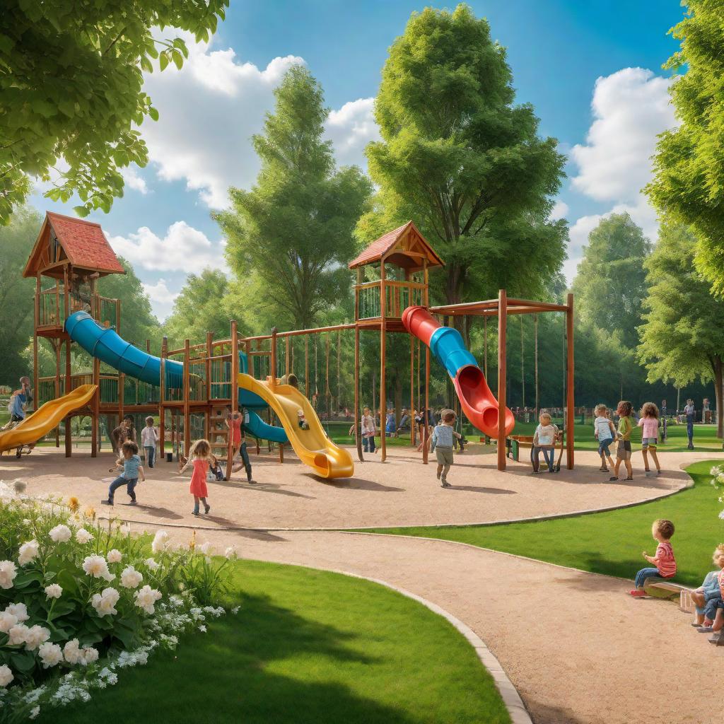  Children playing happily in a park. Some children are on swings, some are playing football, while others are running around and laughing. The park is full of greenery, with trees and flowers, and a bright blue sky with a few fluffy clouds. There is a playground in the background with colorful slides and climbing frames. hyperrealistic, full body, detailed clothing, highly detailed, cinematic lighting, stunningly beautiful, intricate, sharp focus, f/1. 8, 85mm, (centered image composition), (professionally color graded), ((bright soft diffused light)), volumetric fog, trending on instagram, trending on tumblr, HDR 4K, 8K